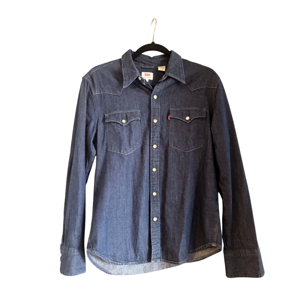 NWOT Levis Womens Western Denim Shirt Dark Wash Pearl Snap Long Sleeve Small